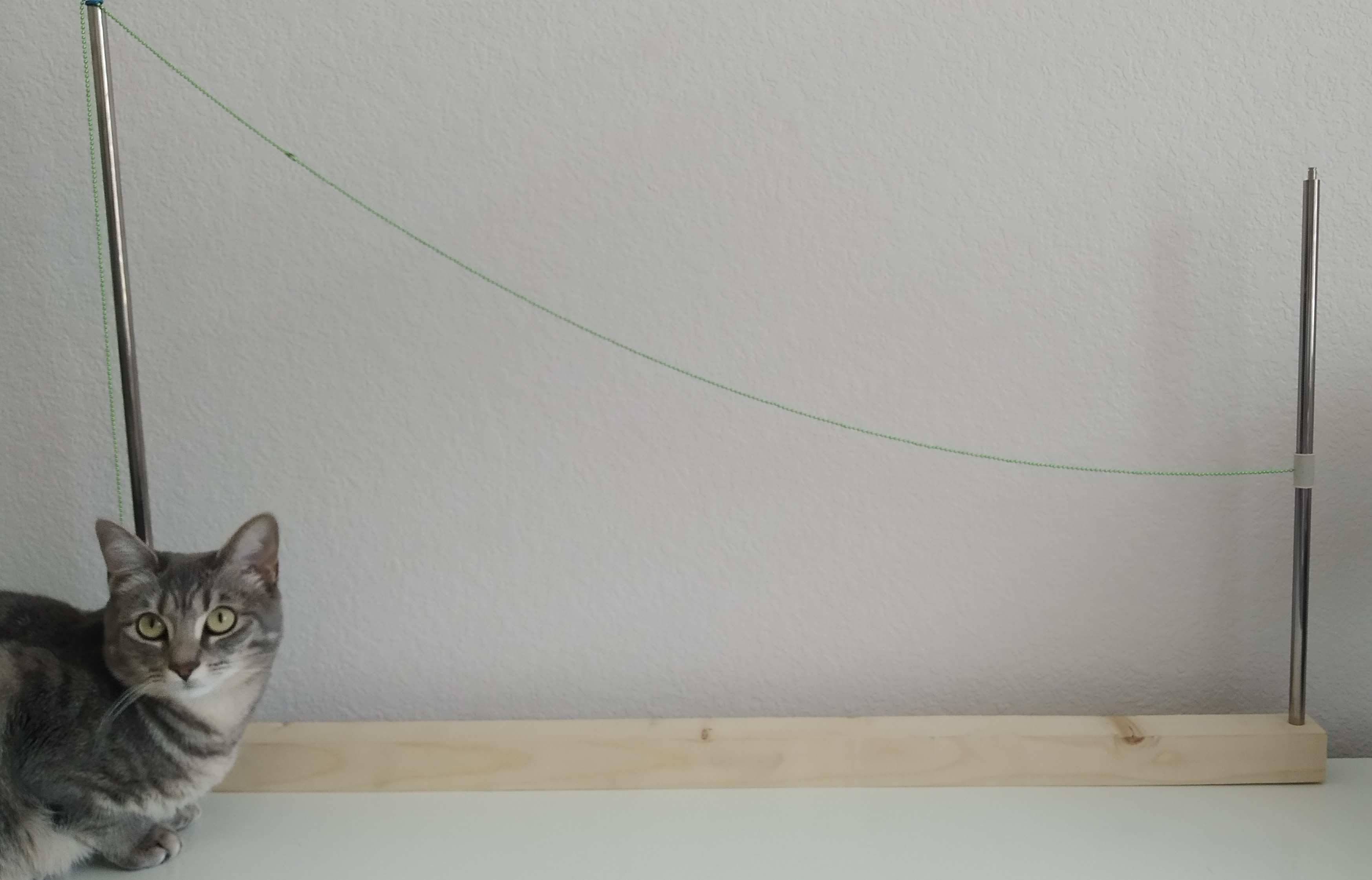 If one of the ends can freely slide, it will settle down to the point for which the chain leaves from the shaft at an angle of $90^{\circ}$. The curious cat is for scale.