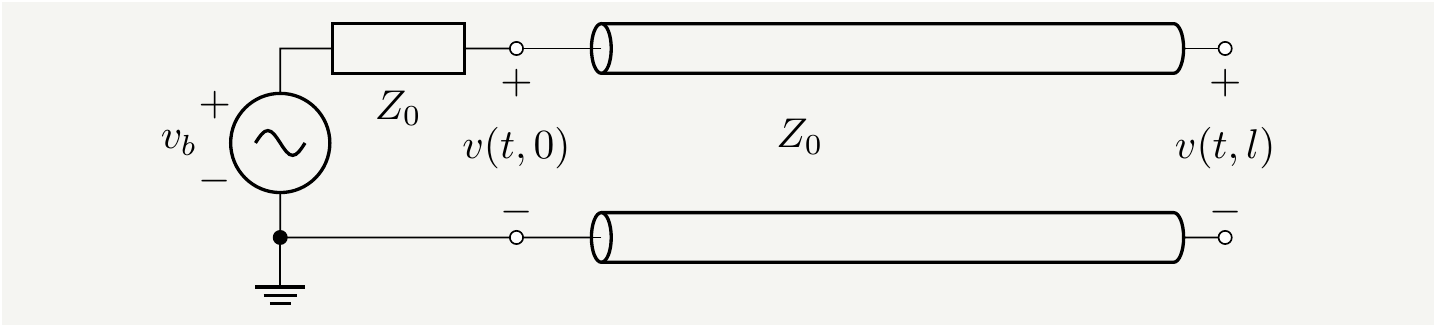 The internal impedance of the battery is matched with the characteristic impedance of the line: $Z_b=Z_0$. Since load impedance $Z_L\to \infty$, it will reflect all signals with $\Gamma_L=1$.