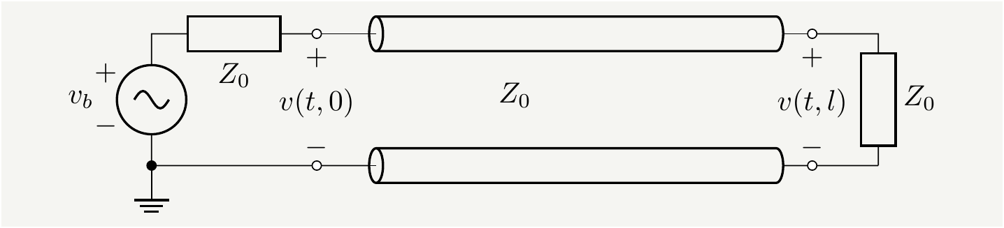 All the impedances are equal to each other:$Z_L=Z_b=Z_0$. There will be no reflections in such a circuit.