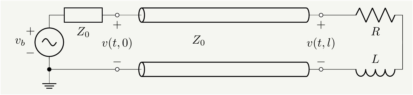 The internal impedance of the battery is matched with the characteristic impedance of the line: $Z_b=Z_0$. The load is an inductor in series with a resistor.