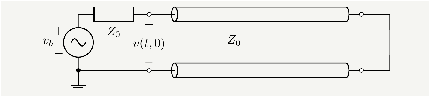 The internal impedance of the battery is matched with the characteristic impedance of the line: $Z_b=Z_0$. Since load impedance $Z_L=0$, it will reflect all signals with $\Gamma_L=-1$.