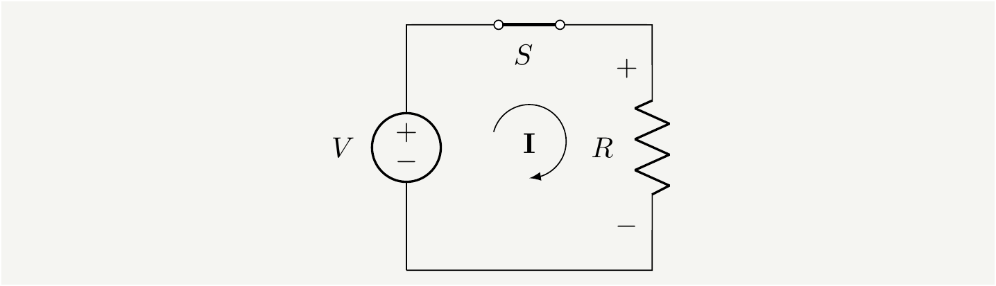 A resistor connected as a load to a battery through a switch.