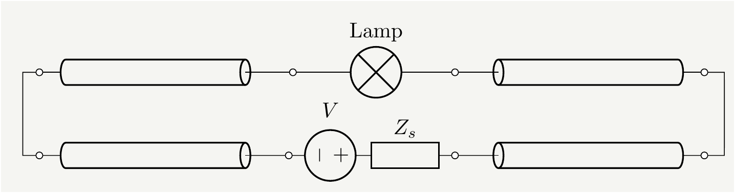 A more accurate representation of Veritasium's circuit. $Z_s$ represents the internal resistance of the power source. The switch is not shown for simplicity.