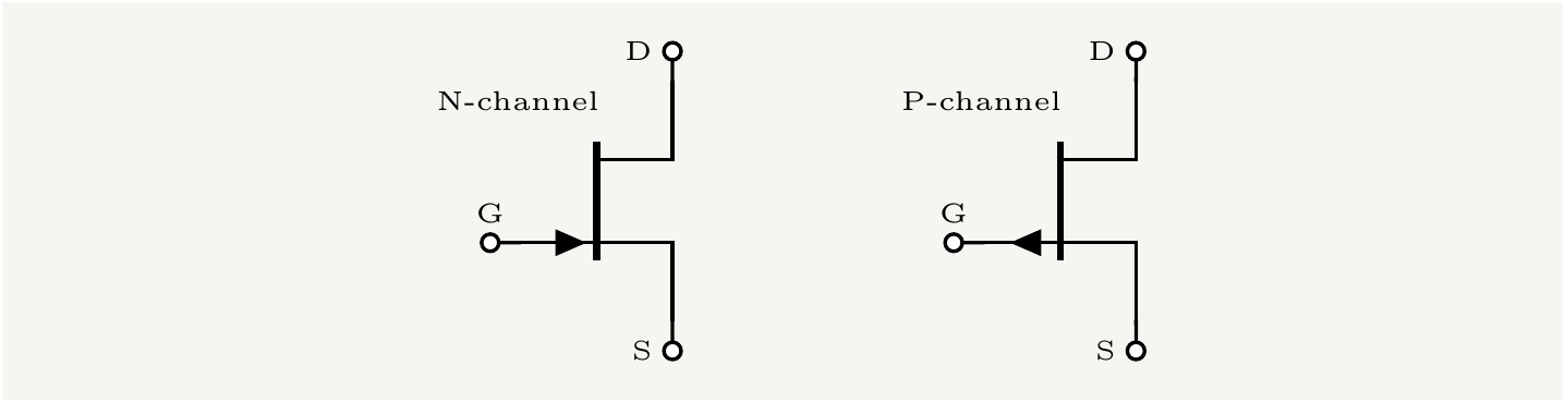 Circuit symbols for N and P channel jFETs.