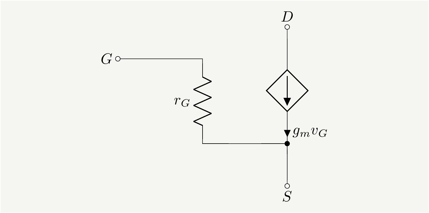 Small signal AC model for JFETs. $r_{G}$ is typically very large which further simplifies the analysis.