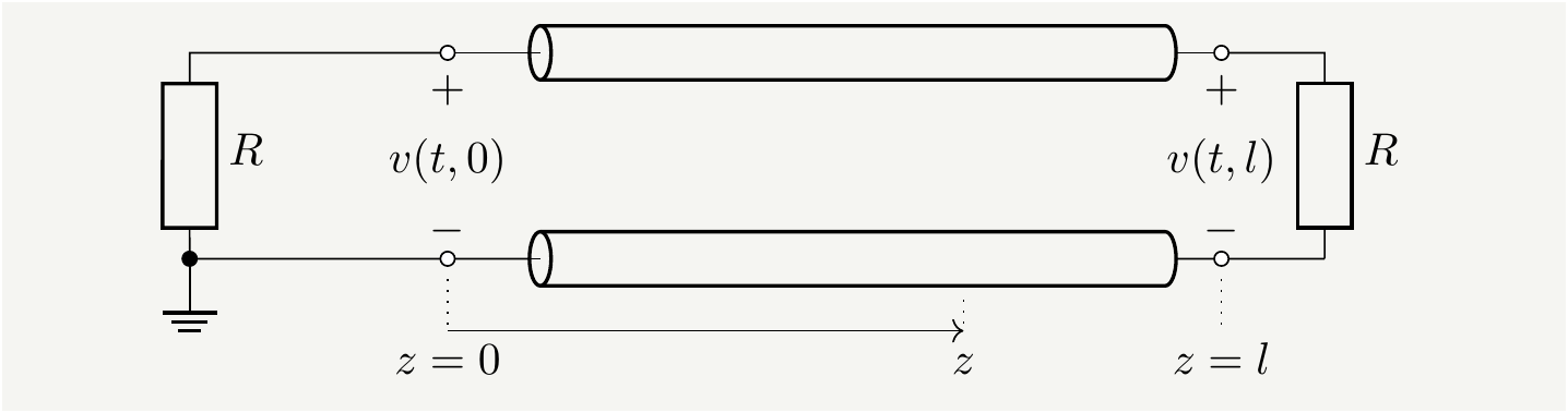 A resistor coupled to a matched transmission line terminated with a resistor of the same value. The whole circuit is kept at a constant temperature $T$.