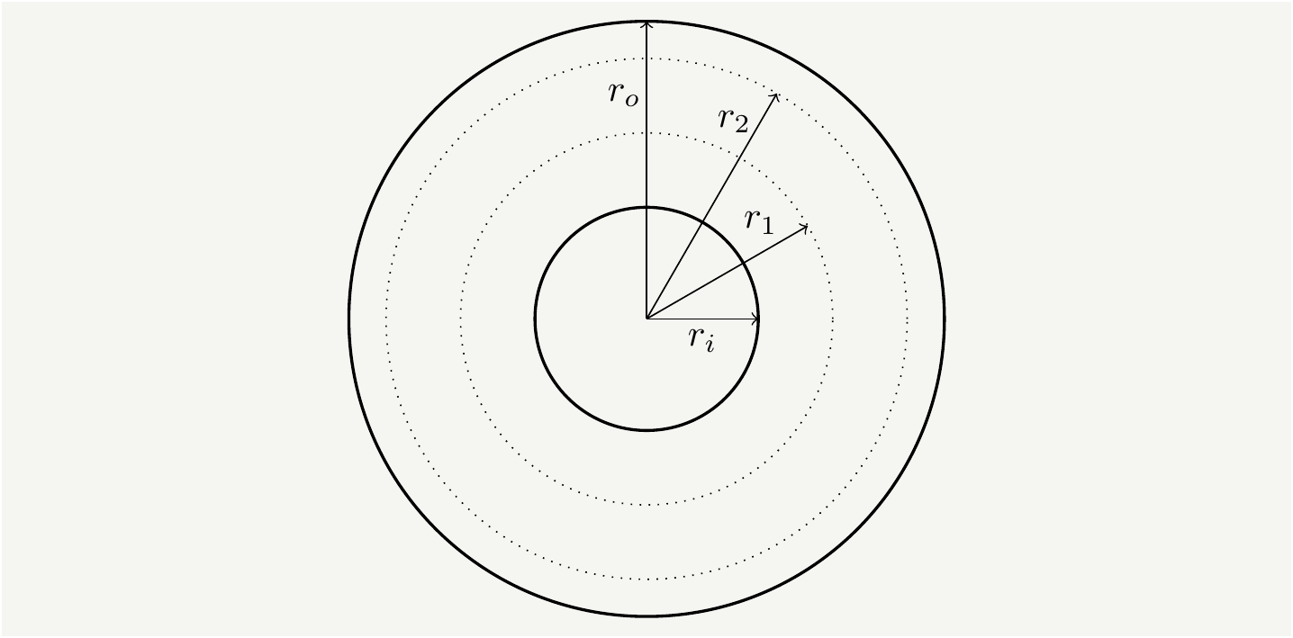 A disk of inner radius $r_i$ and outer radius $r_o$ with two sample tracks located at radii $r_1$ and $r_2$.